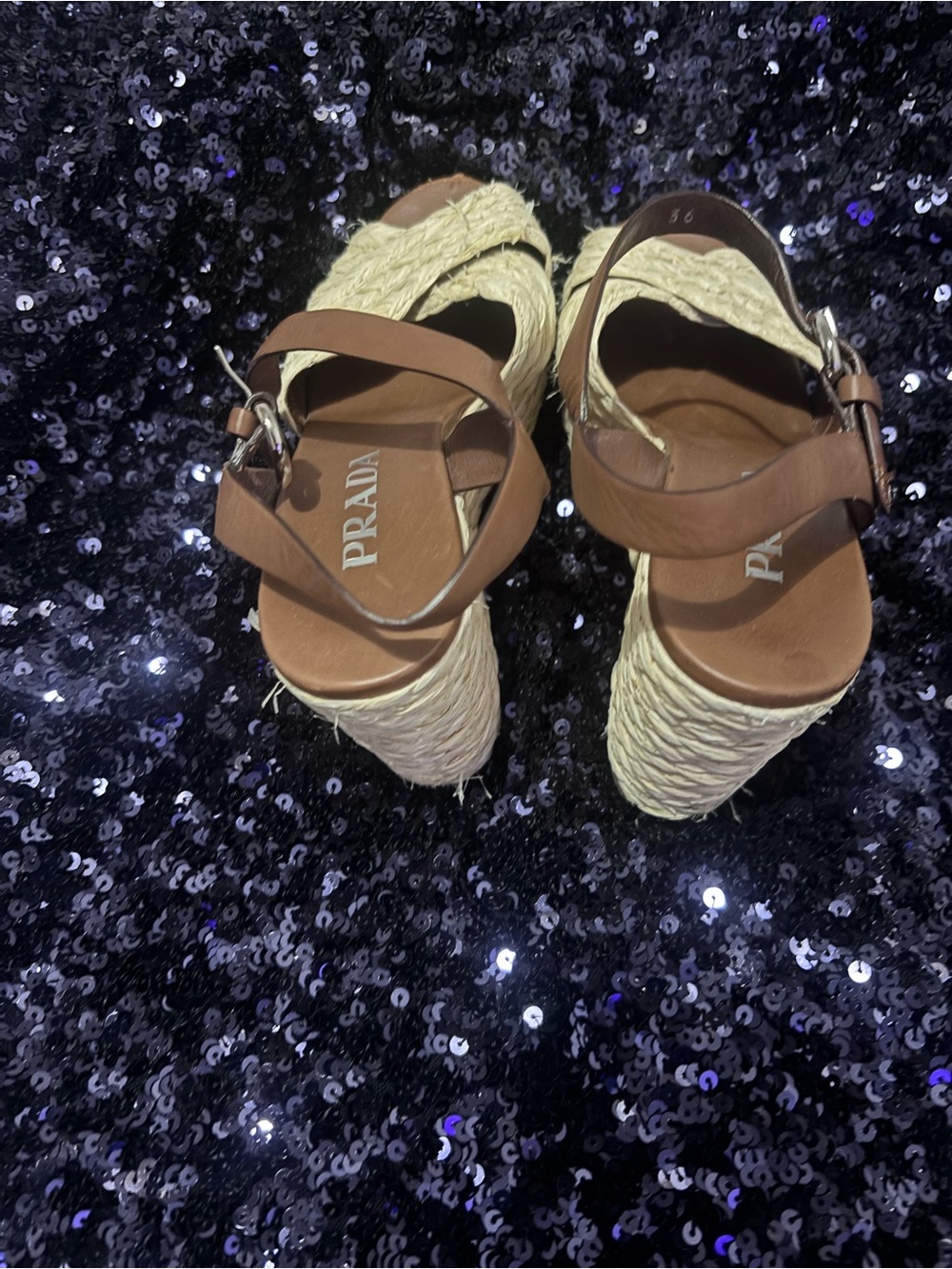 Prada Crisscross Raffia Wedge High Heel Sandal - Picture 5 of 10